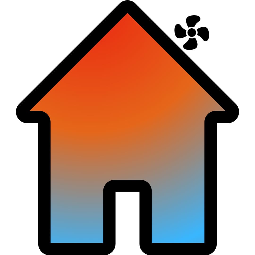 Dessin d’une maison avec flamme d’air chaud montant vers le plafond, indiquant une distribution de chaleur et un potentiel déstratificateur pour économie chauffage.
