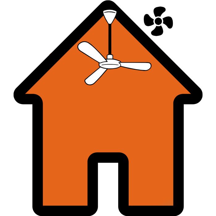 Illustration orange en forme de maison avec hélice de ventilateur et petit ventilateur noir, symbole de ventilation d’intérieur. Intègre naturellement le mot-clé: quel déstratificateur choisir.