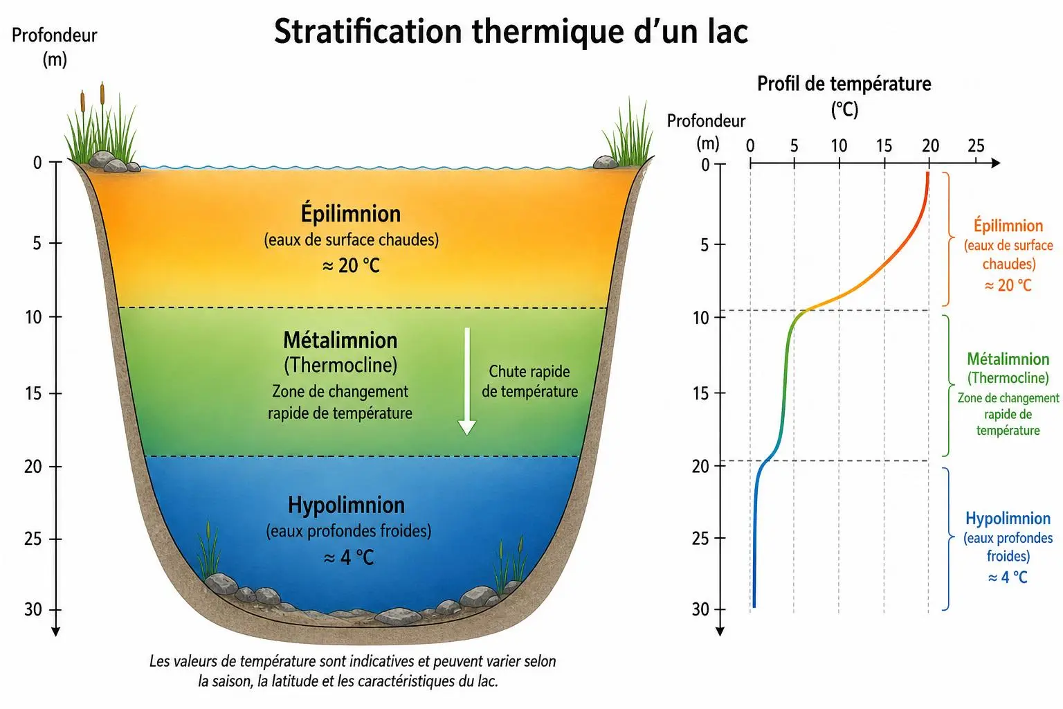 Diagramme montrant la stratification thermique d’un lac: épilimnion chaud, métalimnion de transition et hypolimnion froid; profil de température à droite avec chute rapide puis zone de changement, et profondeur indiquée. Température stratifiée c'est quoi intégrée naturellement.