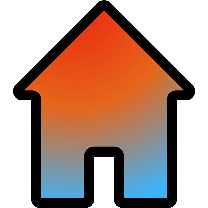 Flèche de maison stylisée en dégradé orange à bleu, forme simple avec porte au centre.
