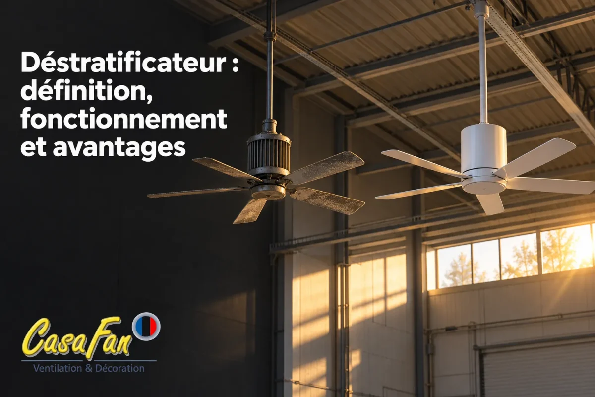 Deux ventilateurs montés au plafond dans une usine, avec de la lumière naturelle entrant par les fenêtres.