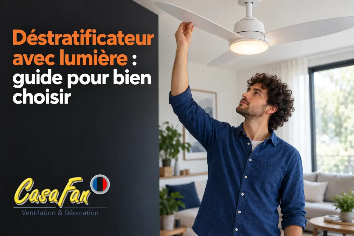 Homme levant un ventilateur déstratificateur mural au plafond dans un salon lumineux.