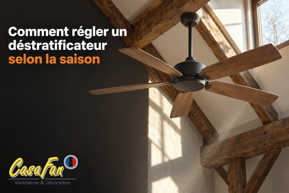 Ventilateur plafonnier à six pales en bois monté sous une charpente en bois, vue légère de plafond et lumière naturelle.
